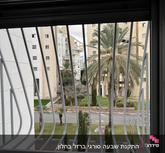 סורגי מתכת על חלון עם נוף חיצוני